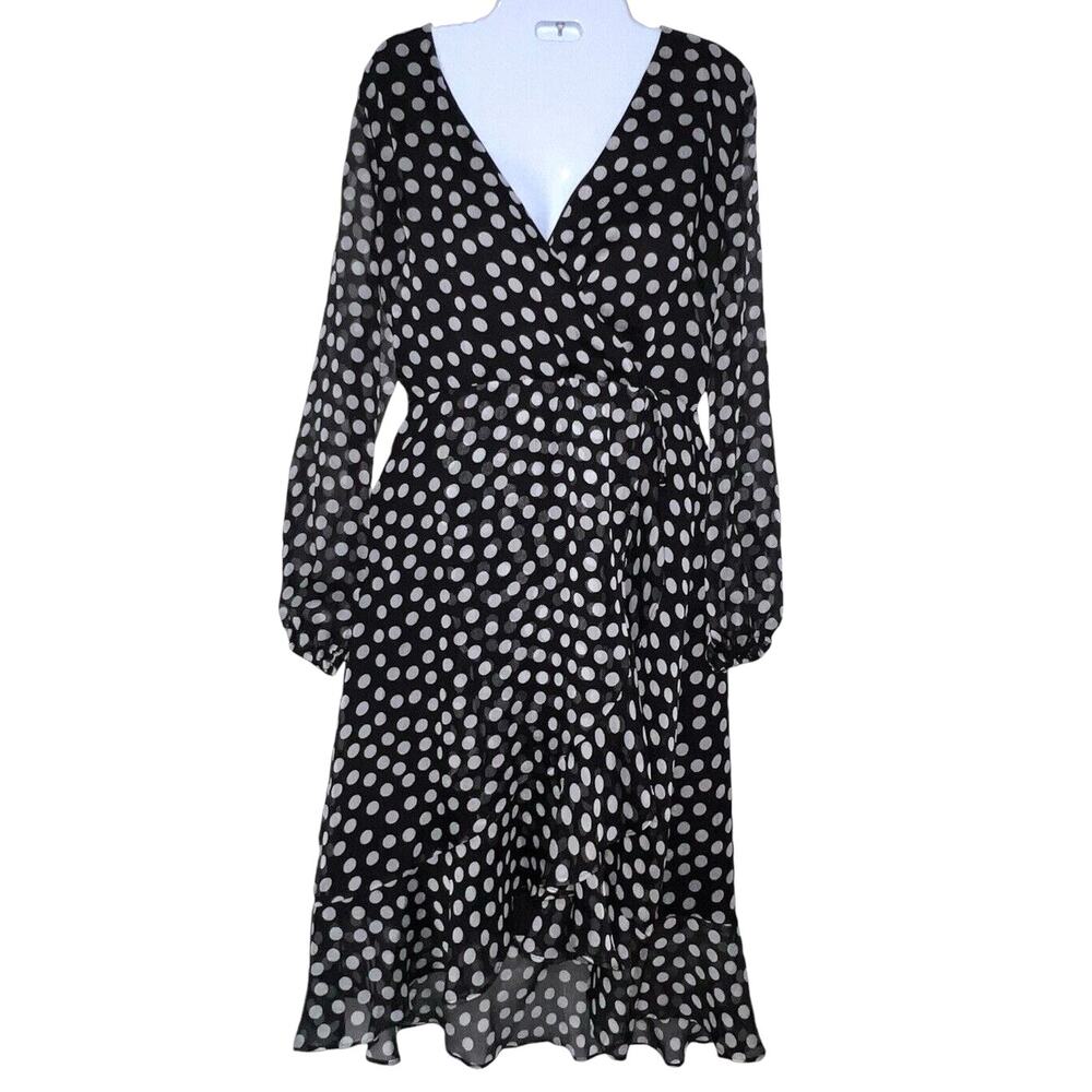 Neiman Marcus Dress Size 6 Black White Polka Dot Chiffon Faux Wrap High-lo Hem